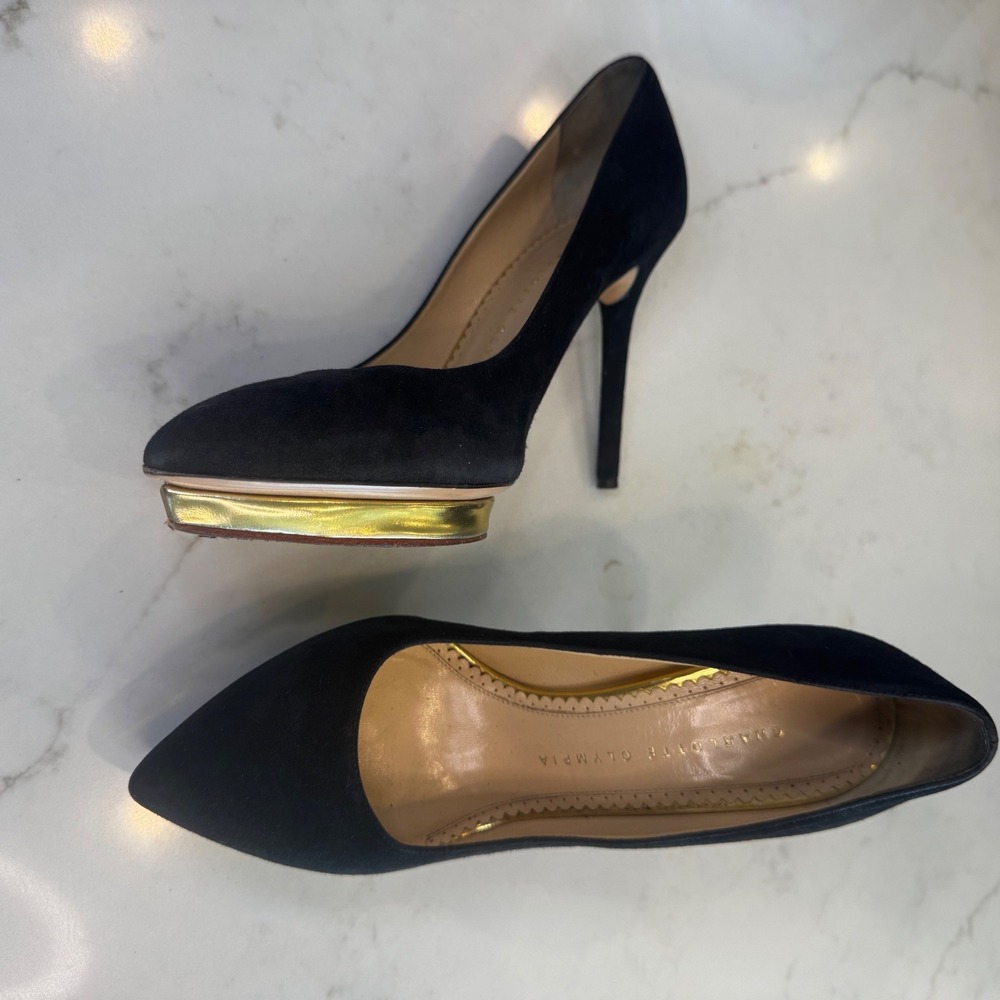 Charlotte Olympia Dolly Women 5.5/36 Black Suede Gold Island Platform Pump Heel